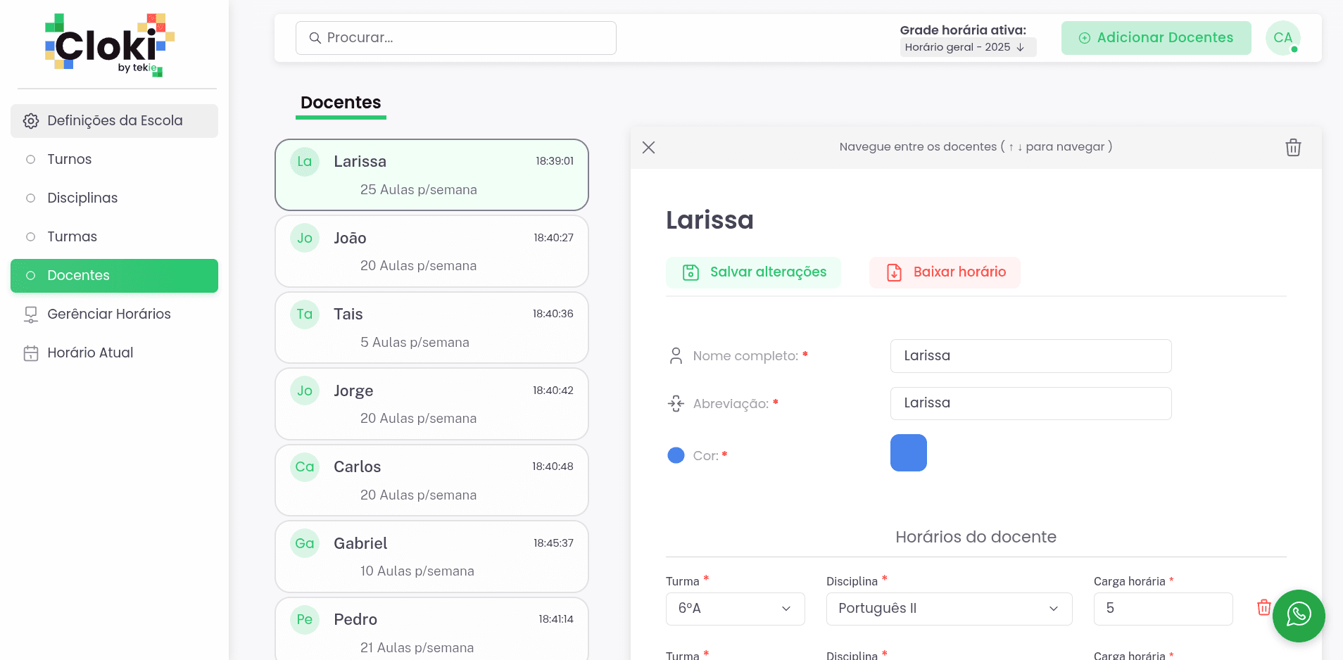 Cadastro de professores com preferências
